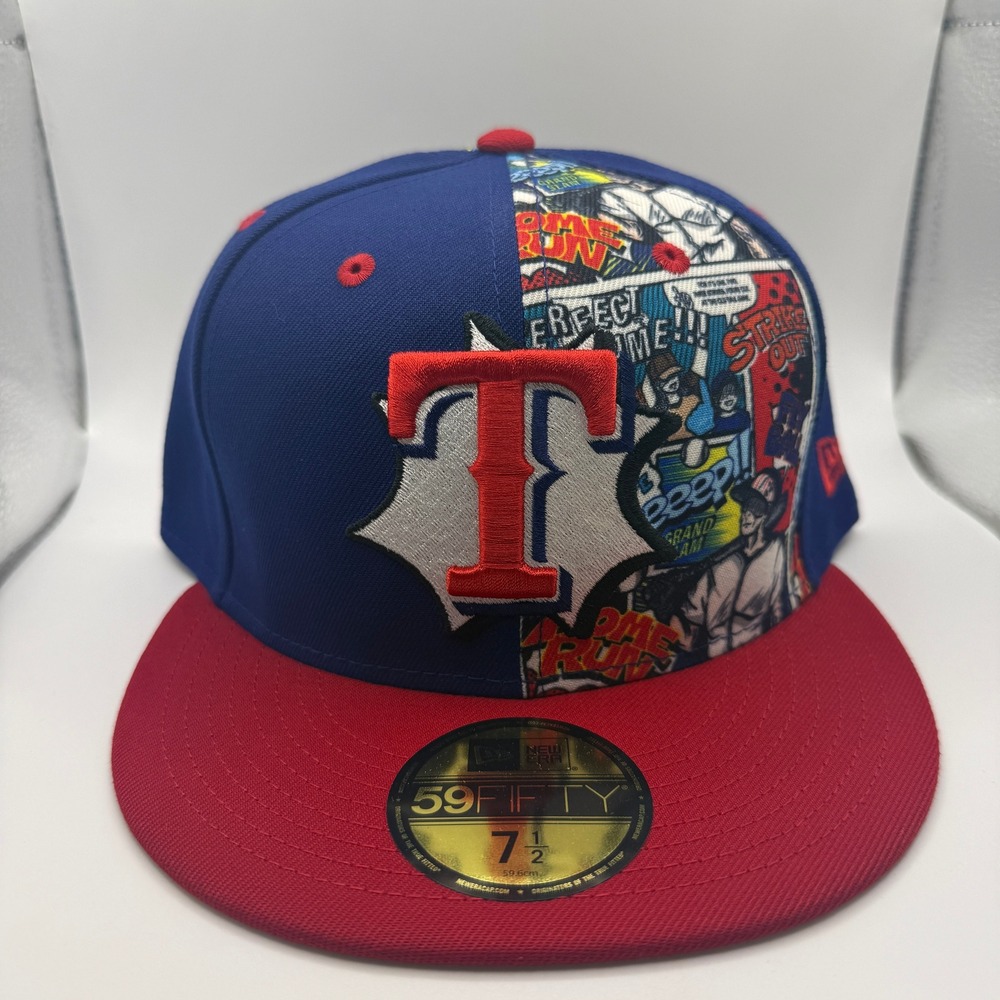 New Era 59FIFTY Texas Rangers Comic Book Split Fitted Hat 7 1/2 Blue Red MLB